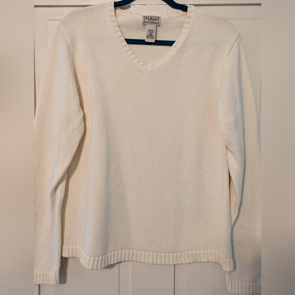 L.L. Bean V Neck Ivory Sweater 100% Cotton- L
